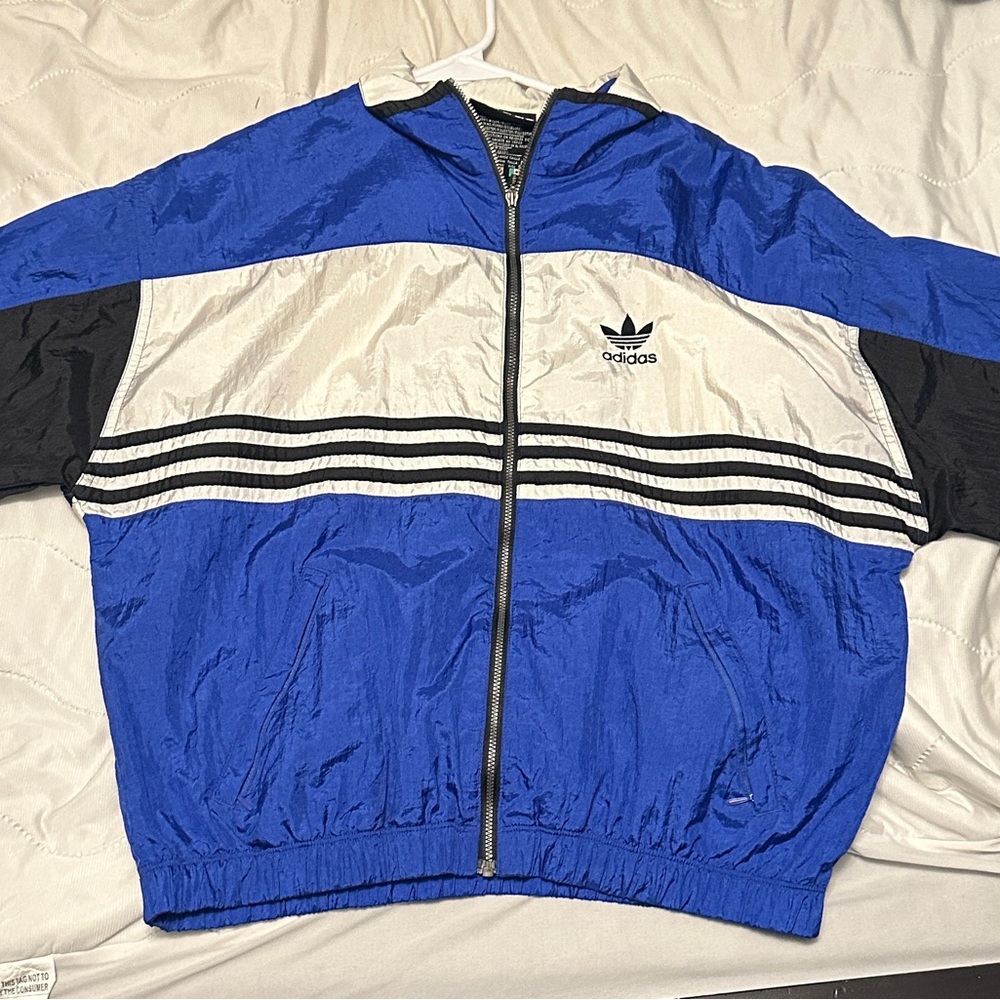 Vintage 90s Adidas Blue Black Soccer Windbreaker Full Zip Jacket Size Small